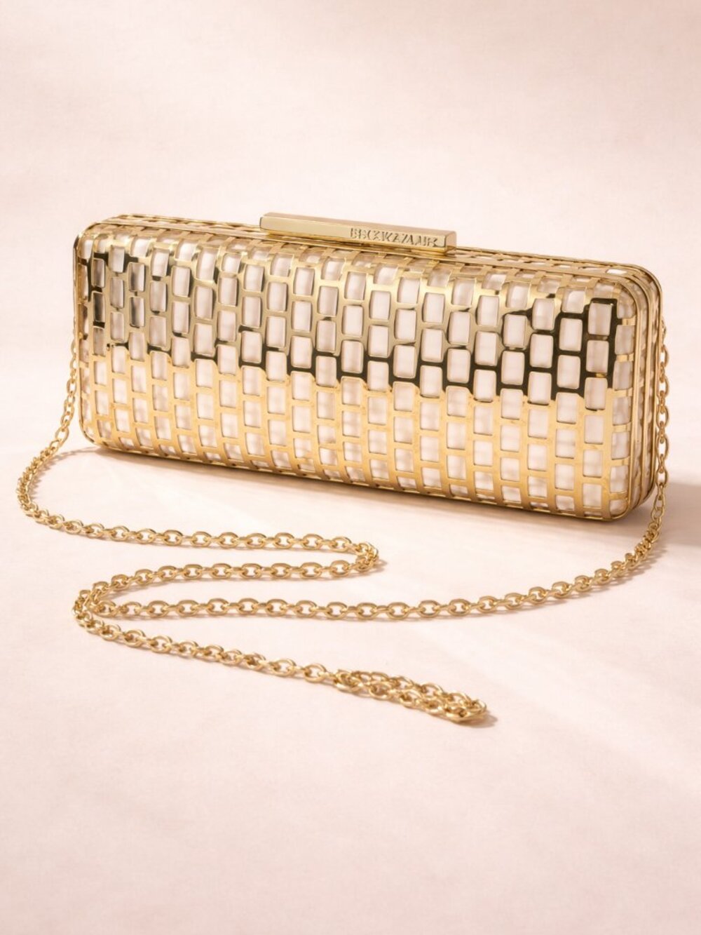 BCBGMAXAZRIA Minna Gold Cage Box Clutch Evening Bag Chain Strap